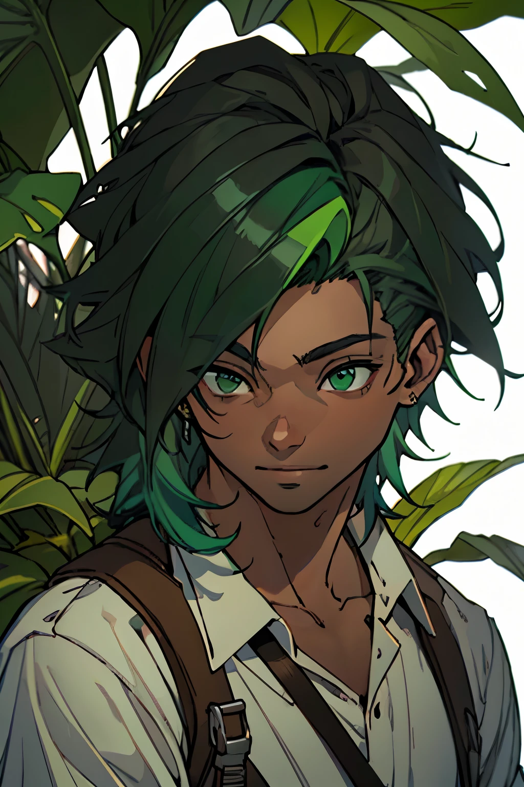 ((best quality)), ((work of art)), (detailed), perfect face, dark green eyes, dark skin, green hair, medium hair,  young, boy, on the jungle.