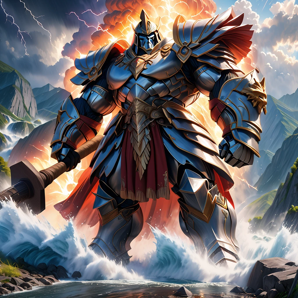 A giant noble titan, ancient myth, enormous figure, majestic strength, wielding a massive hammer, feet stepping on mountains and rivers, surrounded by awe-inspiring thunder and lightning, imposing and mysterious,best quality,4k,8k,highres,masterpiece:1.2,ultra-detailed,(realistic,photorealistic,photo-realistic:1.37),HDR,UHD,studio lighting,ultra-fine painting,sharp focus,physically-based rendering,extreme detail description,professional,vivid colors,bokeh,portrait,monochrome,high contrast colors, dramatic lighting