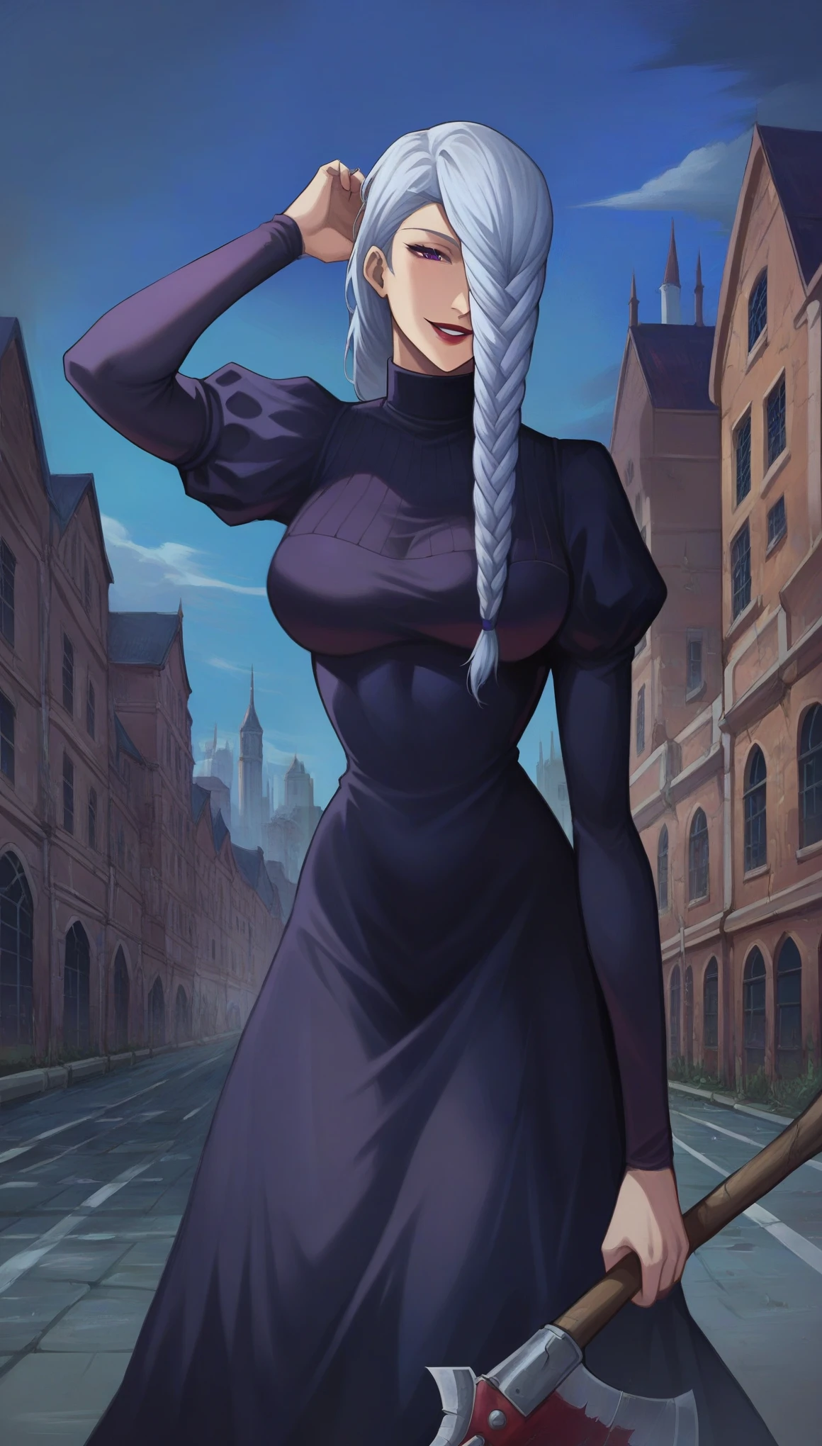 score_9_up, score_8_up, score_7_up, 1girl, solo, mature female, mei mei, (((holding axe))), (((large axe))), hand in hair, crow on shoulder, looking at viewer, white hair, braid, hair over one eye, half closed eye, braided ponytail, braided bangs, purple eye, red lips, parted lips, smile, long sleeves, dress, puffy sleeves, black dress, juliet sleeves, turtleneck dress, outdoors, night time, city, standing,