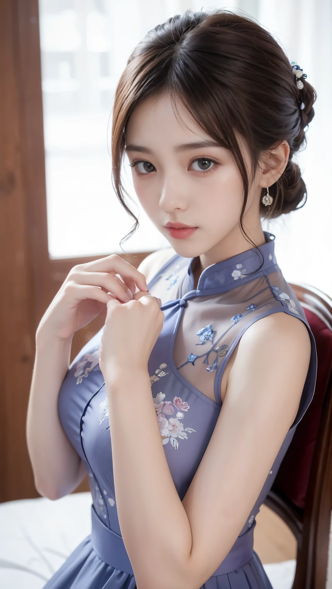 Ultra-realistic 8k, CG, Flawless, Cute expression, Intricate details, 18-year-old girl wearing chiffon cheongsam, Best quality, Realistic photos