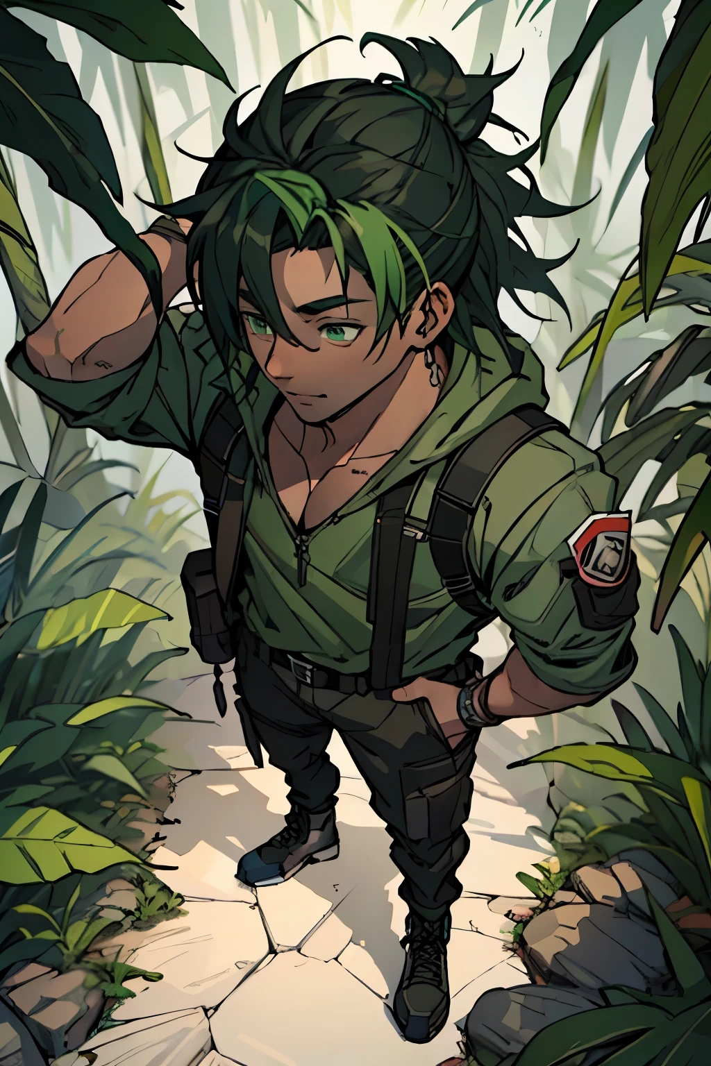 ((best quality)), ((work of art)), (detailed), perfect face, dark green eyes, dark skin, green hair, medium hair,  young, boy, on the jungle, full body.