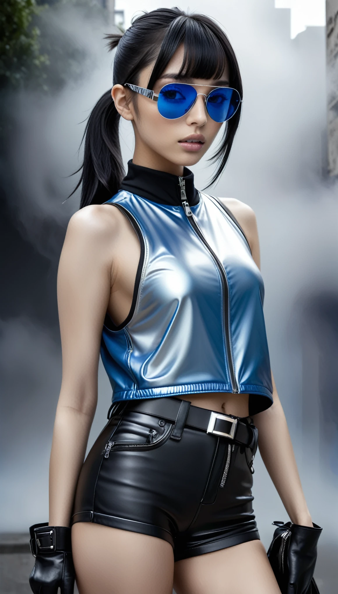 (nsfw), masterpiece, Best Quality, Realistic, Futuristic fashion art, 
BREAK 
beautiful young woman, ig model, render of april, (wide angle, all body shot, standing:1.6), 

BREAK 
bold exposure, (ultra slim waist, firm medium breasts, medium buttocks, beautiful sexy legs:1.2), cameltoe, exuding a sculptural beauty, White and beautiful Silky skin, thin and beautiful neck, small head,
BREAK (wide angle, all body shot, standing:1.6), 
(White and black military print bodysuit: 1.3), (Sleek black leather belt with futuristic metallic buckle: 1.2), (Low-rise black leather shorts with zipper accents: 1.4), urban vibes, (Sheer black mesh bomber jacket with white and black military patches: 1.4), (Chunky black combat boots with silver hardware: 1.5), fierce and bold, (Black fingerless gloves with white LED lights: 1.3), high-tech accessories, (White and black camouflage print bucket hat: 1.3), (Oversized black sunglasses with reflective lenses: 1.2), edgy attitude, (White and black military print backpack with multiple compartments: 1.4), functionality meets style, (Sleek high ponytail with black and white ribbon accents: 1.3), futuristic hairstyle, (Graphic black and white eyeliner for dramatic eyes: 1.4), striking makeup, (Confident stride with a hint of rebellion: 1.5), embodying the essence of future street-chic fashion, 
(in a concrete, fog, mist, Realistic black Shadow) , small head, Detailed face, cute and Pretty slim face, happy,  Duck mouth, perfect beautiful Tooth, arranged gray hair, blue eyes, shiny eyes, looking viewer, (wide angle, all body shot, standing:1.6), 