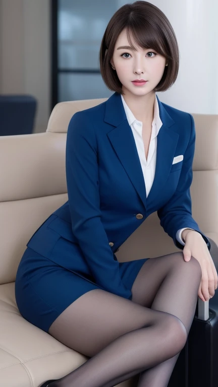 Delicate face、Detailed eyes and face、double eyelid、Pretty Face、Heavy makeup、Brown short bob hair、Airline stewardesses ,Blue blazer, Blue tie, Blue Skirt, Mid Skirt, Pencil Skirt, pantyhose、Blue High Heels, Large Breasts、Hilarious, highest quality, Ultra-high resolution、masterpiece、8K、Ultra HD