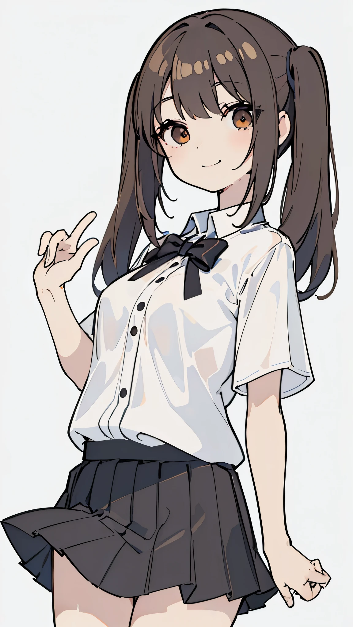 ((masterpiece、highest quality、Super detailed))、One girl、Brown Hair、twintails、Brown eyes、smile、Moderate breasts、((White collared shirt))、((Black pleated skirt))、((miniskirt))、Cowboy Shot、classroom background background
