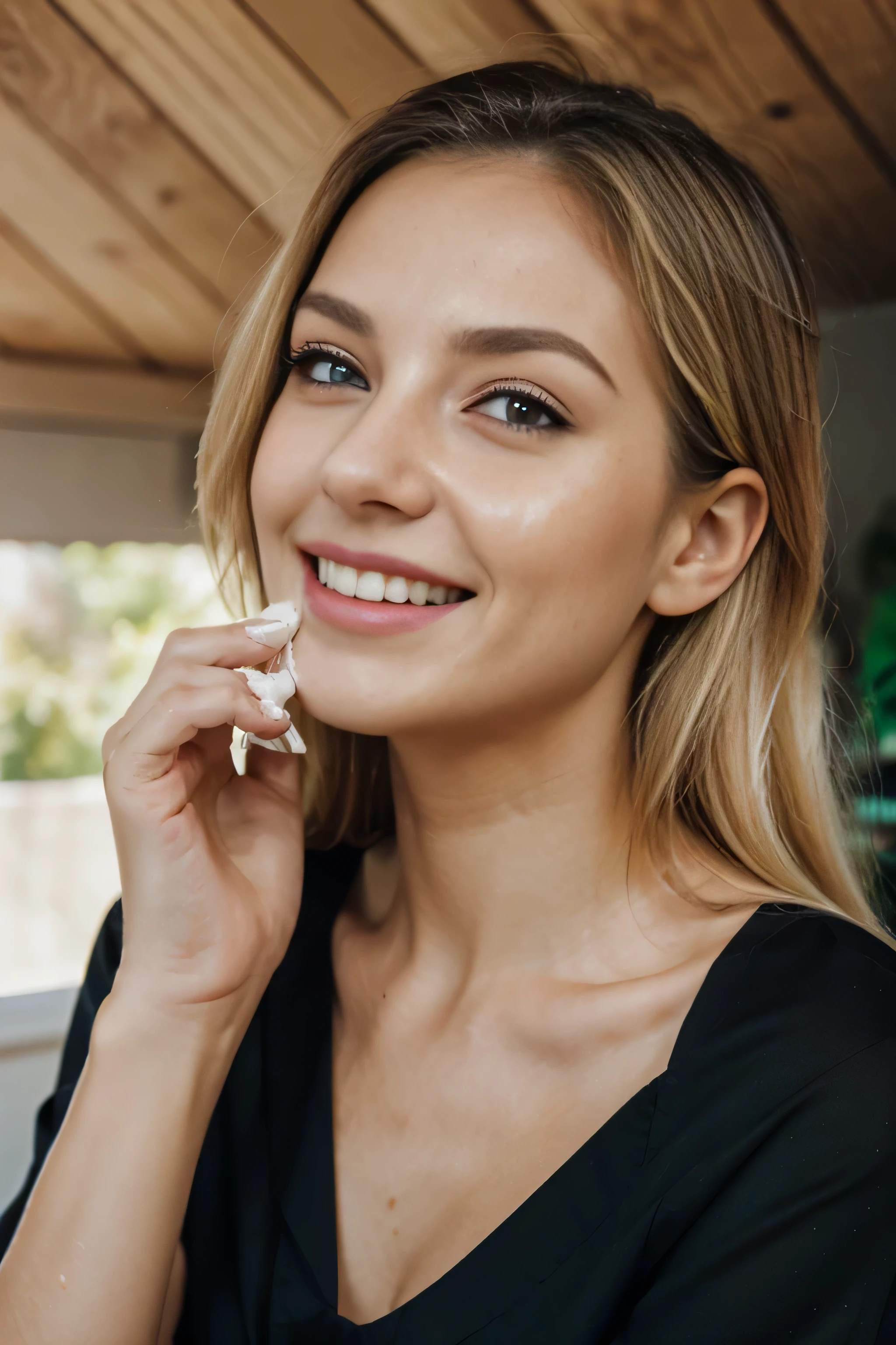 woman, personal care, skin, cleaning skin, blonde, green eyes, black blouse, skin care, face cream, applying cream to face, smiling, cheerful