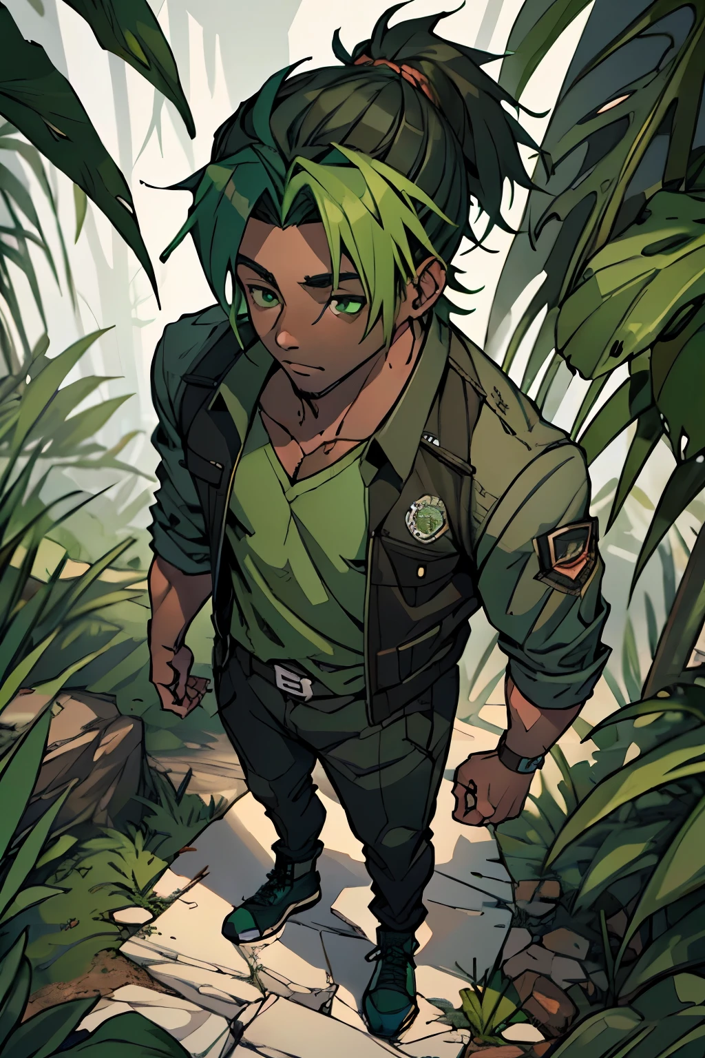 ((best quality)), ((work of art)), (detailed), perfect face, dark green eyes, dark skin, green hair, medium hair,  , boy, on the jungle, full body.