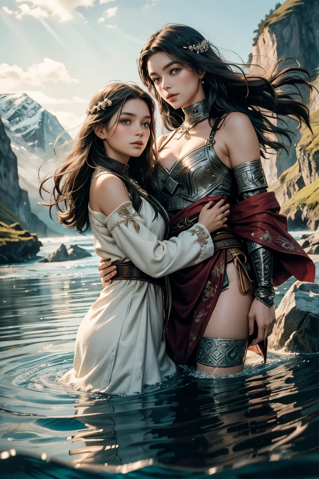 Beautiful Brunettes: Two sparkling brunettes with luminous locks cascading down their shoulders, their radiant complexions reflecting the sun's gentle rays.
Swimming in Norwegian Fjords: The brunettes delight in the crisp waters of the Norwegian fjords, their perfect forms slicing through the crystal-clear blue water, leaving ripples in their wake.
Viking Clothes: Clad in authentic Viking attire, the brunettes exude a sense of strength and grace, their garments made from the finest woolen fabric, adorned with intricate embroidery and beadwork.
Perfect Bodies: Their