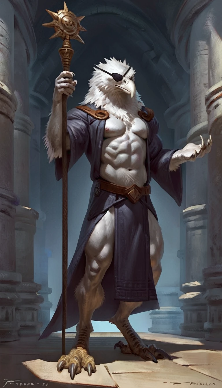 Anthro male white raven, solo, serious expression, masterpiece, best art, body, by taran fiddler, detailed eyes, detailed body, claws, tall, pec, abs, , pauldrons,  belt, muscular, talons, staff, greek robes, casting magic, wizard, dungeon, eyepatch, nordic, feet, 