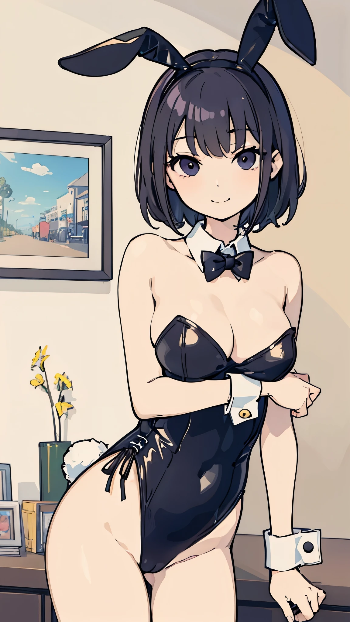 ((masterpiece、highest quality、Super detailed))、One girl、Black Hair、short hair、Black eyes、smile、Moderate breasts、((playboy bunny))、Cowboy Shot、(Simple Background:0.3), (Round eyes:0.7)