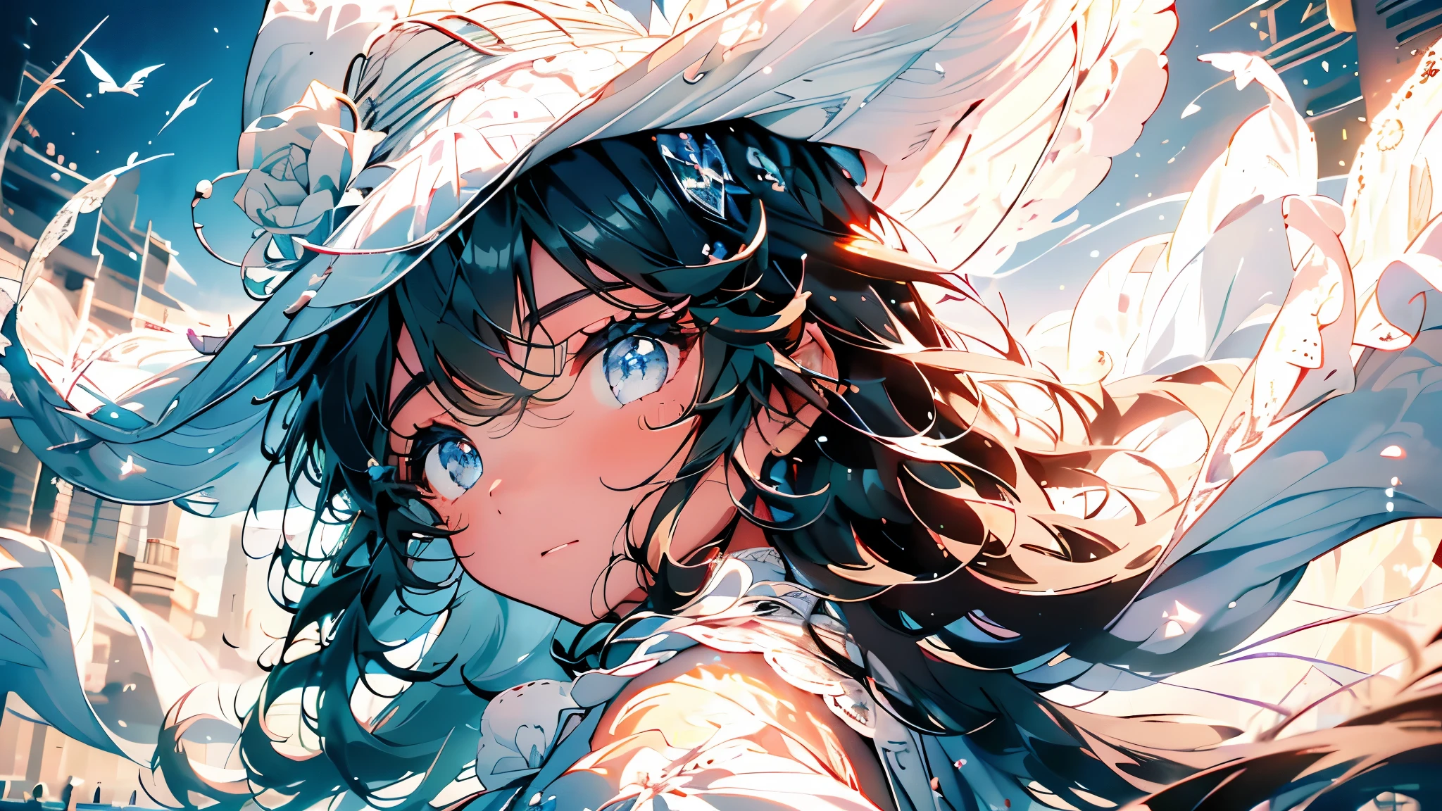 8k resolution, ((Of the highest quality)), ((obra maestra)), ((super detailed)), (Muy delicado y hermoso), estafar a una chica, solo, gentle expression, Ella es muy(relajarse)con(calma)apariencia,pelo gris, Depth of written limits., sonrisa brillante, ojos amarillos brillantes, pelo blanco brillante, hermoso fondo, Cabello Largo - Arte Lineal, Falda negra, Uniforme blanco como un traje de marinero., angel, angelの白い翼, Plumas blancas revoloteando, Eyes that shine like amber, Ojo superior, ojos maravillosos