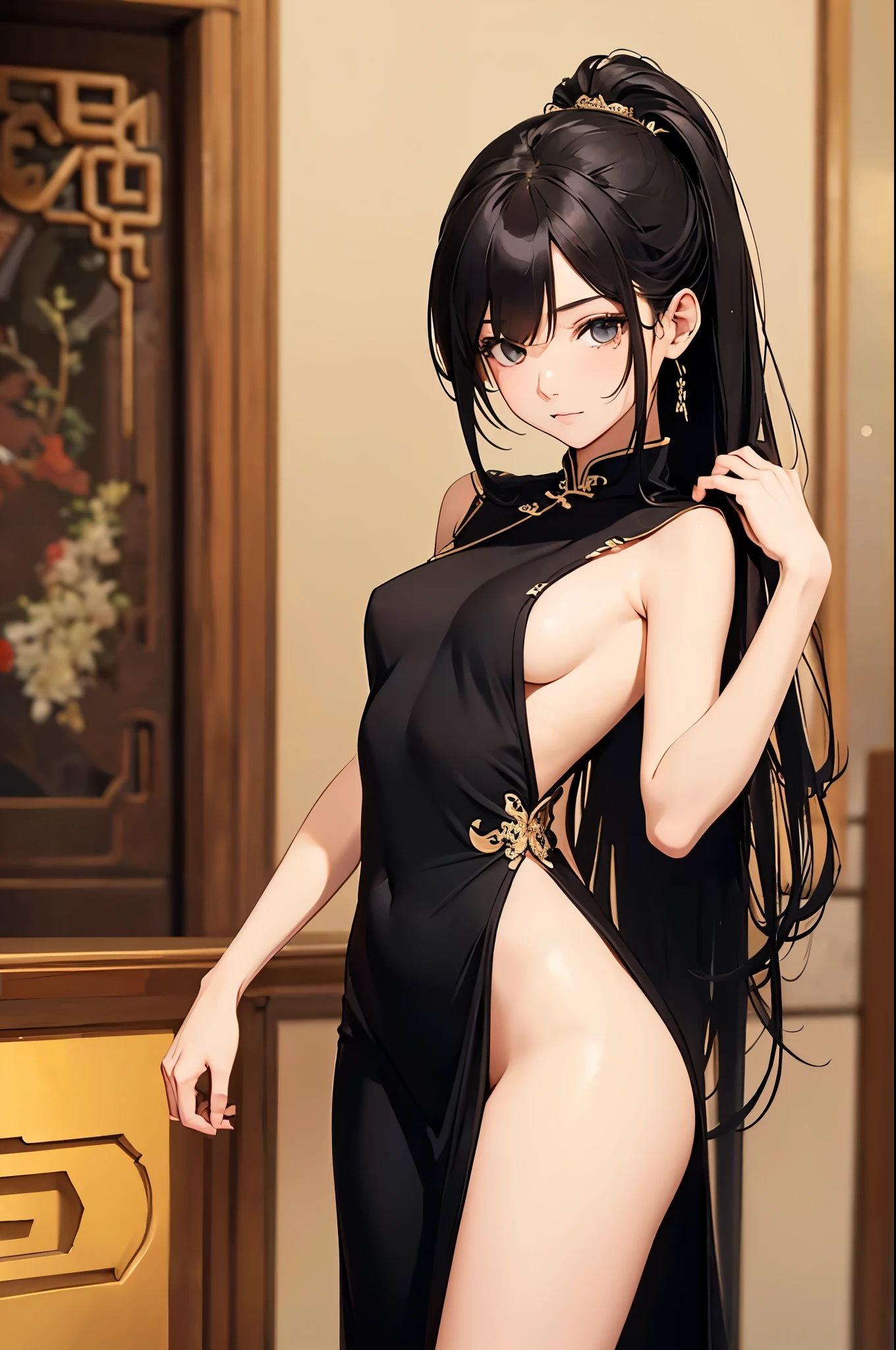 a sexy woman, (best quality), (masterpiece), (1girl), slim, anime, (flat chested), (chinese dress), (standing), (protrait)