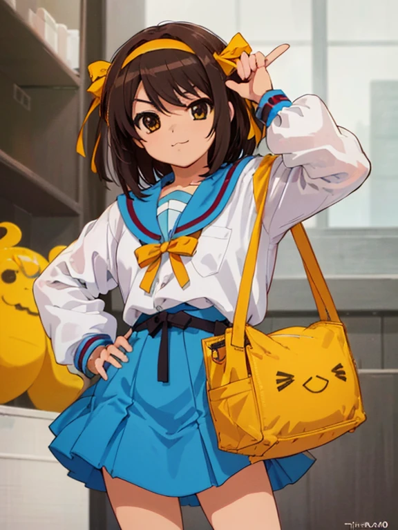 Muy detallado,high resolution,(Obra maestra_1.0),(of the highest quality_1.0),1 chica, alone,Haruhi Suzumiya, tiro de vaquero, , banda para el cabello amarilla, Todo el cuerpo, mirando al espectador,
