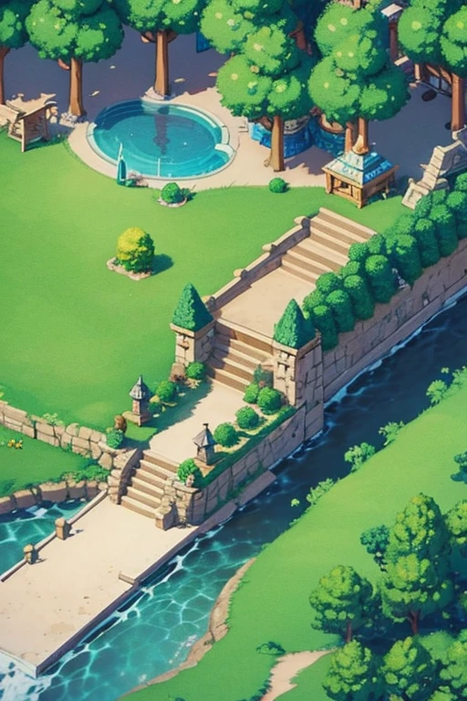 fantasy world, estilo isekai de anime, zona de comercio en la playa, estilo pixel art