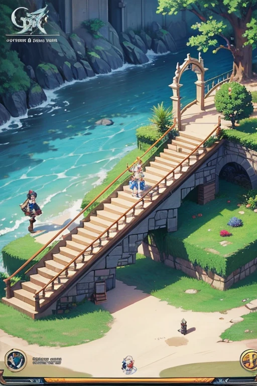 fantasy world, estilo isekai de anime, zona de comercio en la playa, estilo pixel art