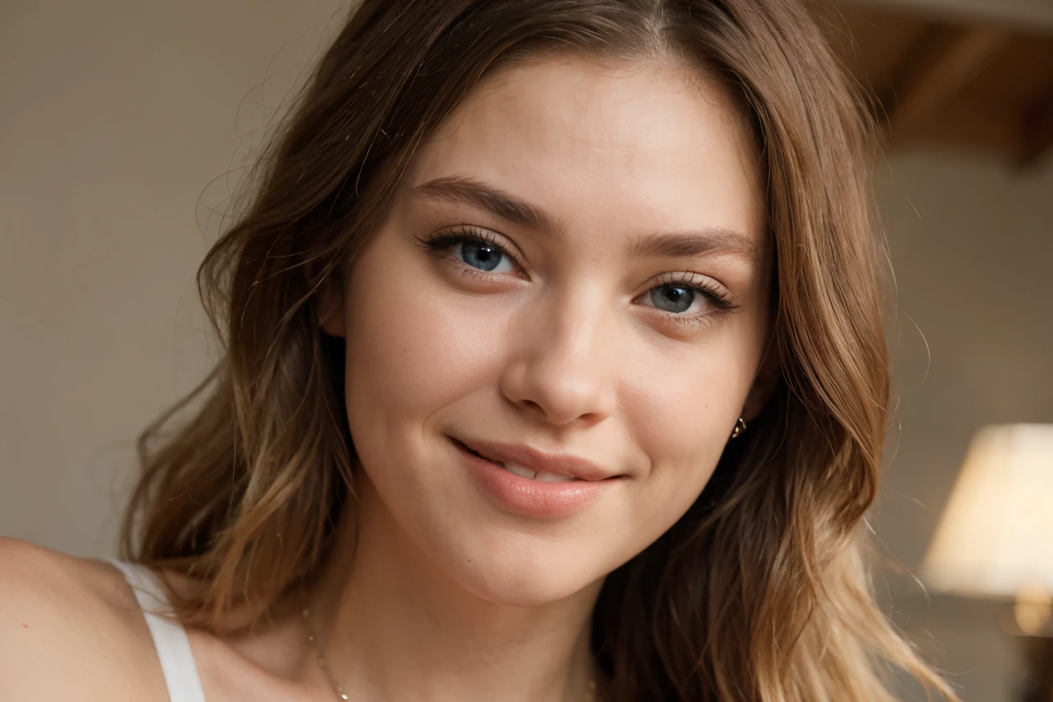 Beautiful lady with a smile on her face blonde wavy hairultra realistic slight dimplespetite face blue eyes
