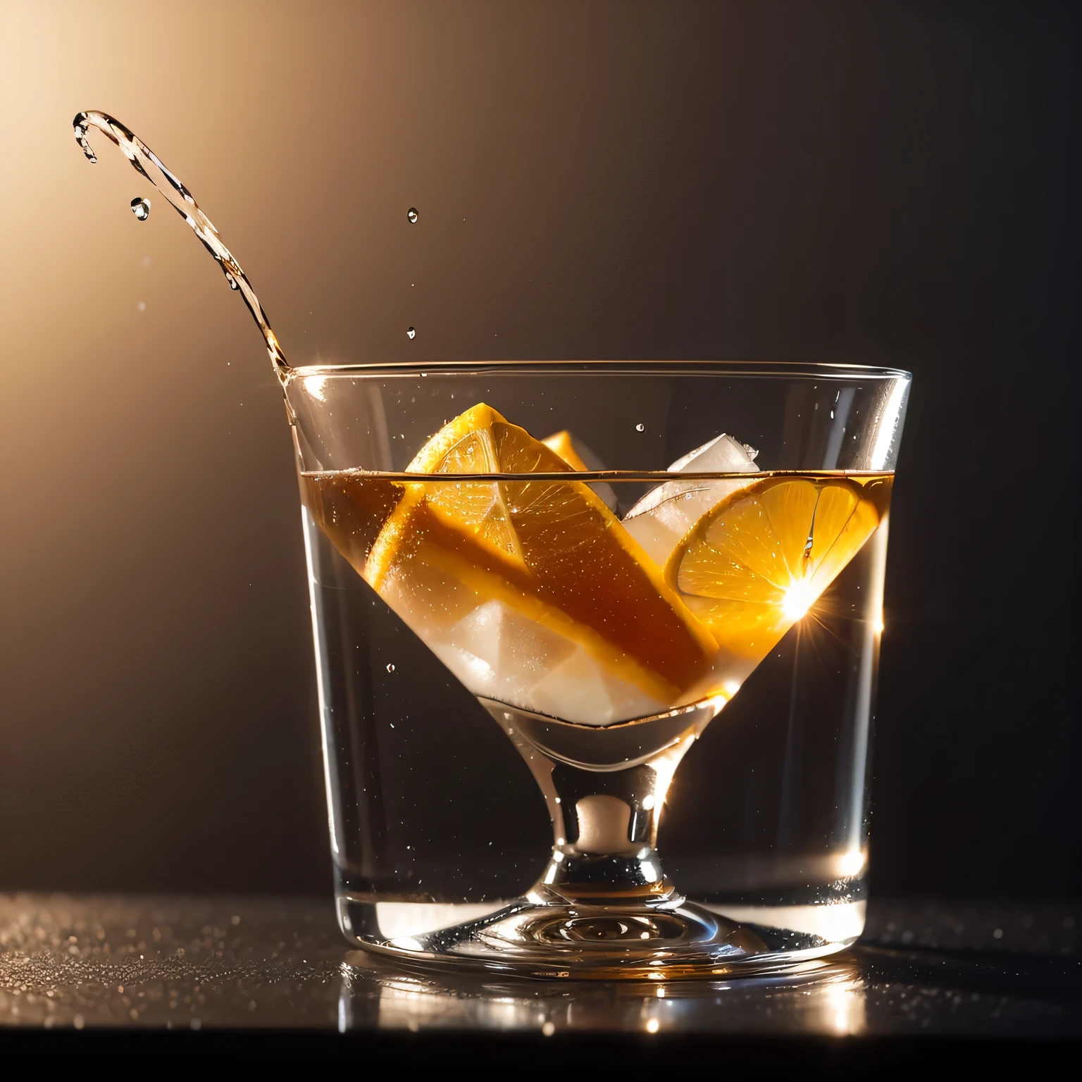 A stunning high resolution masterpiece: a beautiful glass, carefully captured, filled with the finest BOLS vodka. The ((tiny woman inside, floating inside)), a chill noticeable, and condensation begins to form on the outside of the glass, giving the scene a golden amber tint. Detailed reflections dance on the surface of the crystal clear drink, creating an expansive and minimalist backdrop that catches the eye. Dim ambient lighting adds an air of mystery, promising that tomorrow's sunrise will cast a warm, inviting glow on the stage. (glass), (vodka), (tiny woman swims in the glass), (floats), (condensation),