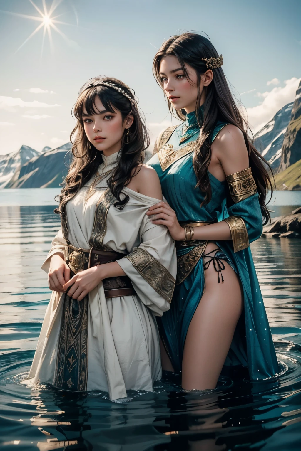 Beautiful Brunettes: Two sparkling brunettes with luminous locks cascading down their shoulders, their radiant complexions reflecting the sun's gentle rays.
Swimming in Norwegian Fjords: The brunettes delight in the crisp waters of the Norwegian fjords, their perfect forms slicing through the crystal-clear blue water, leaving ripples in their wake.
Viking Clothes: Clad in authentic Viking attire, the brunettes exude a sense of strength and grace, their garments made from the finest woolen fabric, adorned with intricate embroidery and beadwork.
Perfect Bodies: Their