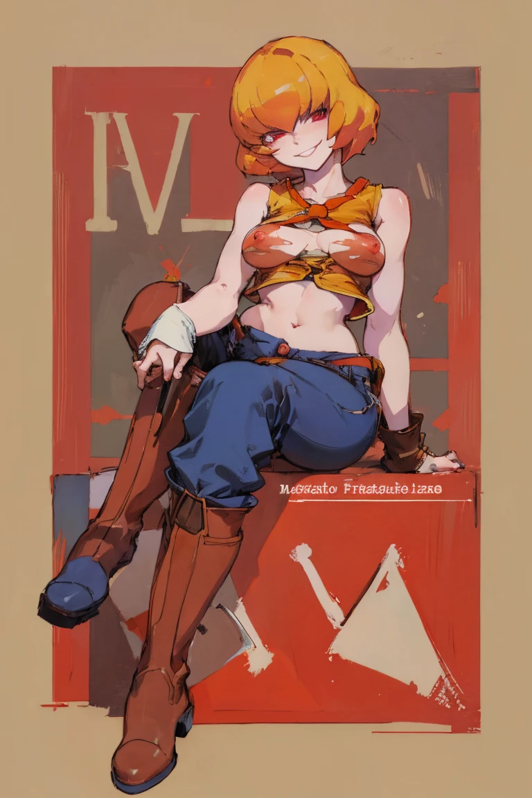 ((highest quality)), ((masterpiece)), (be familiar with),Clementine,Overload,{{nsfw}},Sleeveless shirt,pants,Bewitching Smile,whole body,boots