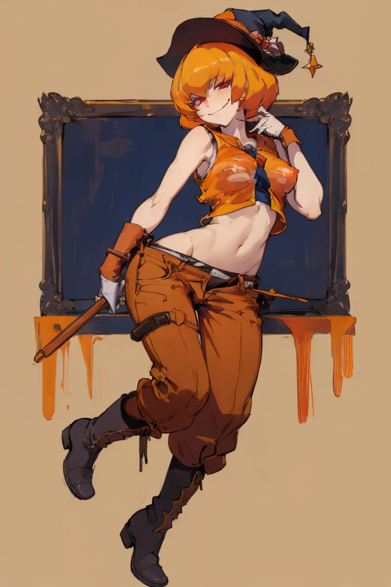 ((highest quality)), ((masterpiece)), (be familiar with),Clementine,Overload,{{nsfw}},Sleeveless shirt,pants,Bewitching Smile,whole body,boots