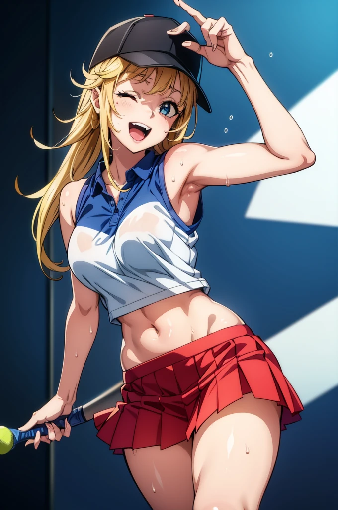 a sexy  anime girl wearing a tennis outfit is leaning over on something, 1girl, solo, one eye closed, blonde hair, hat, blue eyes, skirt, navel, baseball cap, sweat, breasts, open mouth, smile, sleeveless
