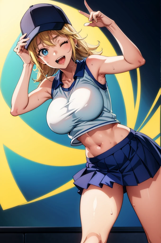 a sexy  anime girl wearing a tennis outfit is leaning over on something, 1girl, solo, one eye closed, blonde hair, hat, blue eyes, skirt, navel, baseball cap, sweat, breasts, open mouth, smile, sleeveless