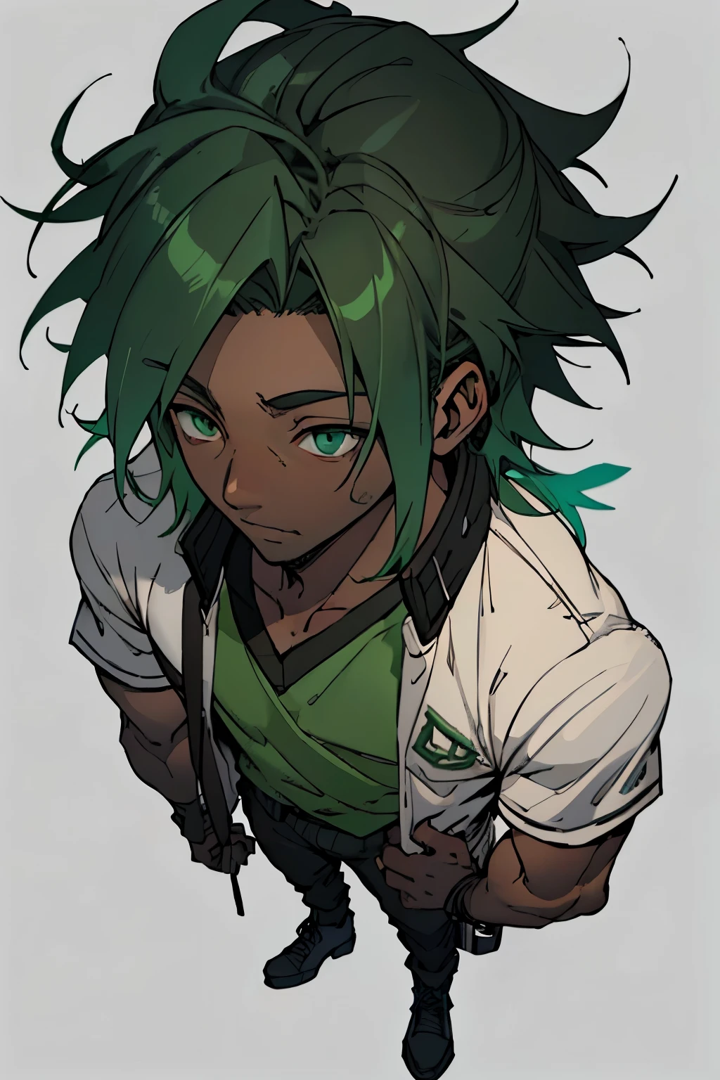 ((best quality)), ((work of art)), (detailed), perfect face, dark green eyes, dark skin, green hair, medium hair, young boy, no background, full body.