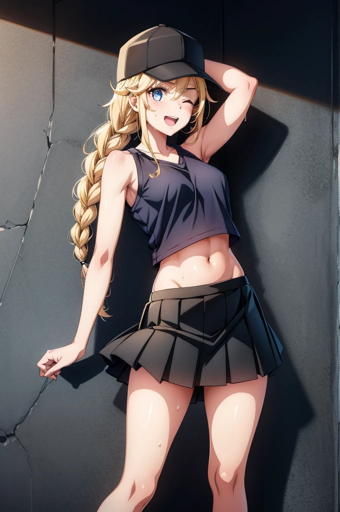 a girl in black skirt and hat standing in front of a wall, in a club, 1girl, solo, skirt, one eye closed, blonde hair, braid, navel, breasts, hat, long hair, baseball cap, blue eyes, open mouth, smile, midriff, sweat, sleeveless, shirt, pleated skirt
