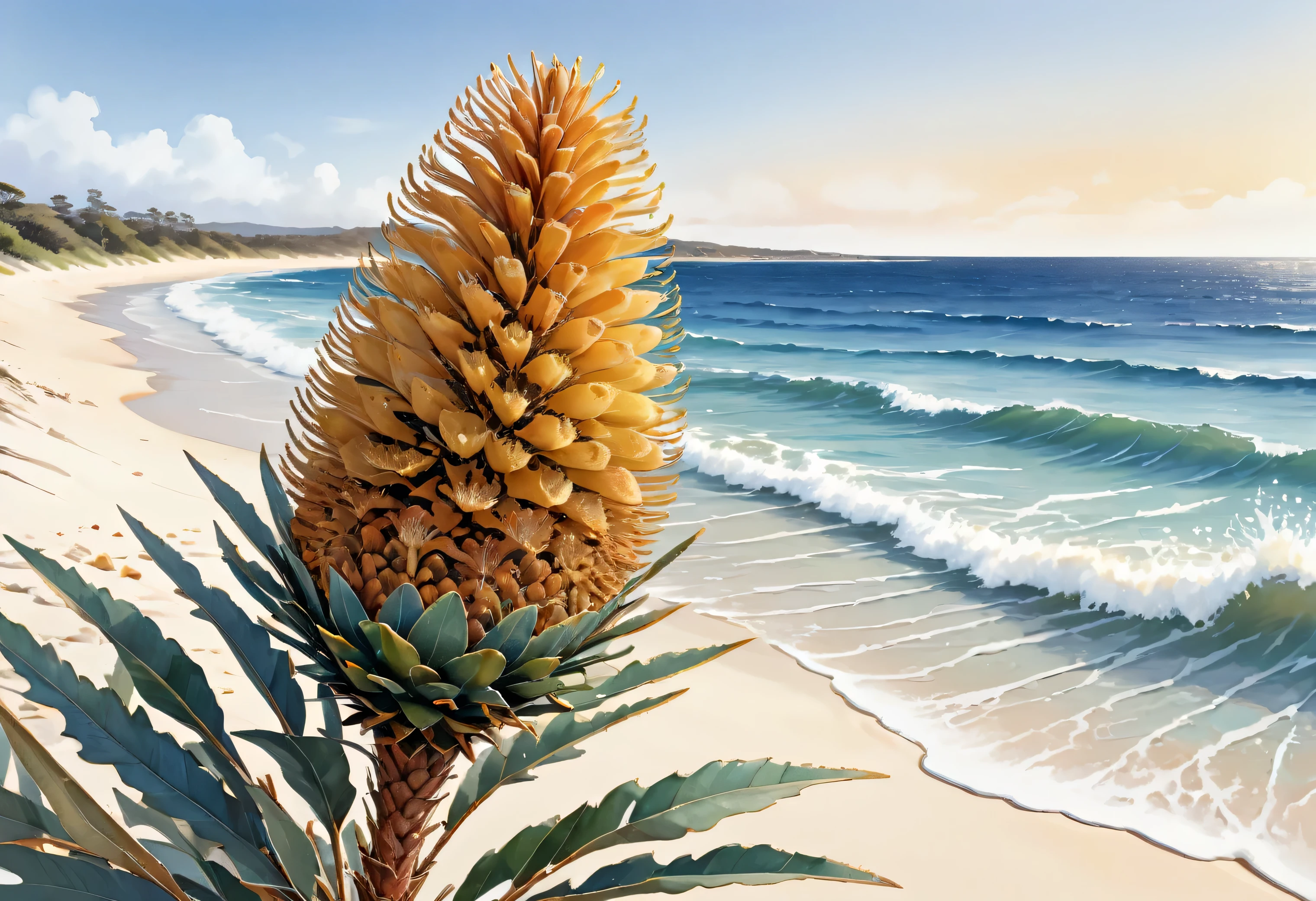 the unique beauty of the Banksia flower, with its intricate cone-shaped spikes and golden hues, set against a backdrop of sandy beaches and blue ocean waves, on a White background, with copy space, illustration design, flat design, Styles watercolor and ink splashes, detailed strokes, vibrant shades bright color palette, watercolor splashes, flat design, ethereal,4k