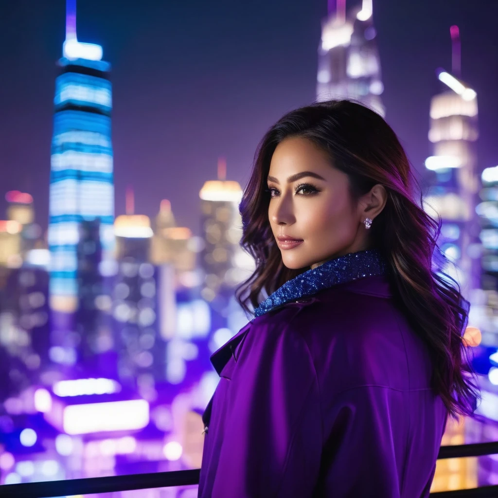 drone view of skyscrapers at night in the background the skyline is violet blue, insane details, intricate details, amazing fine detail, photorealistic, photograph, photorealism, rich colors, lifelike texture, neutral colors, Soft front light,cinematic lighting, dramatic lighting,dappled light on face, backlight on hair, sharp focus, wide angle, film grain, dslr, raw photo, photographed on Nikon