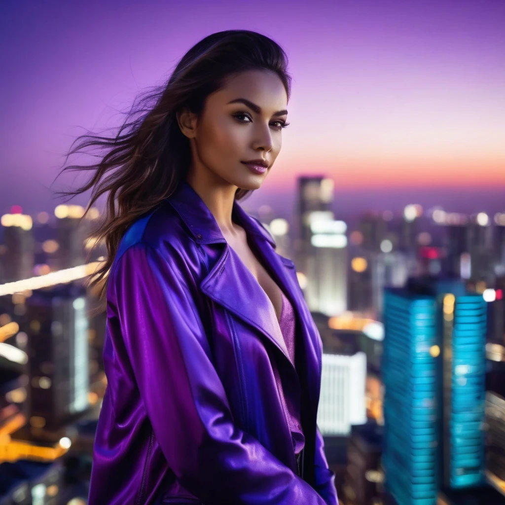 drone view of skyscrapers at night in the background the skyline is violet blue, insane details, intricate details, amazing fine detail, photorealistic, photograph, photorealism, rich colors, lifelike texture, neutral colors, Soft front light,cinematic lighting, dramatic lighting,dappled light on face, backlight on hair, sharp focus, wide angle, film grain, dslr, raw photo, photographed on Nikon