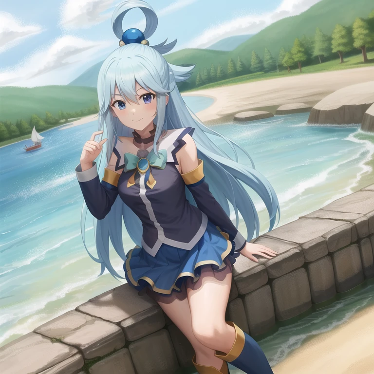 Aqua \(KonoSuba\), whole body, beautiful, Leaning against the rock, On the shores of the lake, Long Hair, Detailed Hair, blue eyes, skirt, sleeve, High Boots, Pause, Serious smile, Red nose, Red nose,