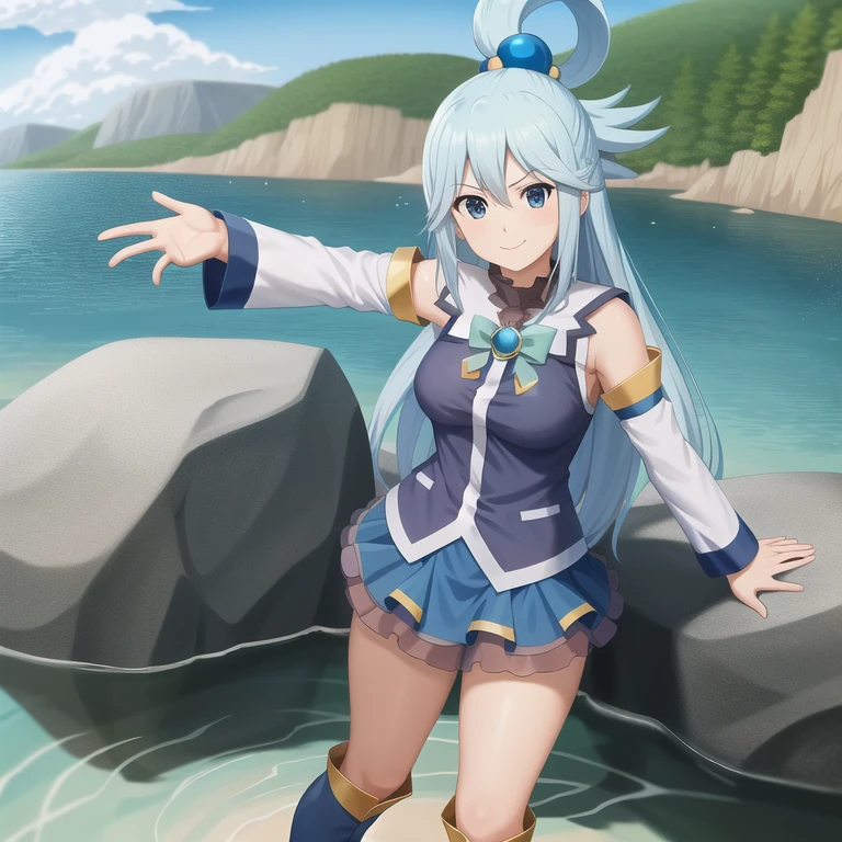 Aqua \(KonoSuba\), whole body, beautiful, Leaning against the rock, On the shores of the lake, Long Hair, Detailed Hair, blue eyes, skirt, sleeve, High Boots, Pause, Serious smile, Red nose, Red nose,