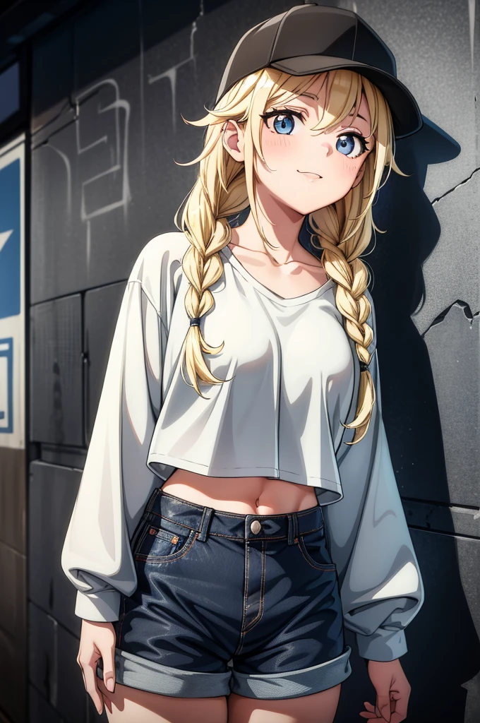 (((grayscale)))(masterpiece:1.2, best quality), (graffiti wall:1.15), super fine illustration,vibrant colors, masterpiece, sharp focus, best quality, depth of field, cinematic lighting,ultra detailed,1girl,a really cute girl in shorts and cap in a parking lot by a street, 1girl, breasts, solo, hat, navel, shorts, , blonde hair, red eyes, braid, long hair, shirt, twin braids, midriff, black headwear, crop top, denim, short shorts, white shirt, smile, denim shorts, baseball cap, blush, long sleeves, collarbone,Eiko Tsukimi, blue eyes, braid, twin braid,(((blonde hair))),baseball cap,