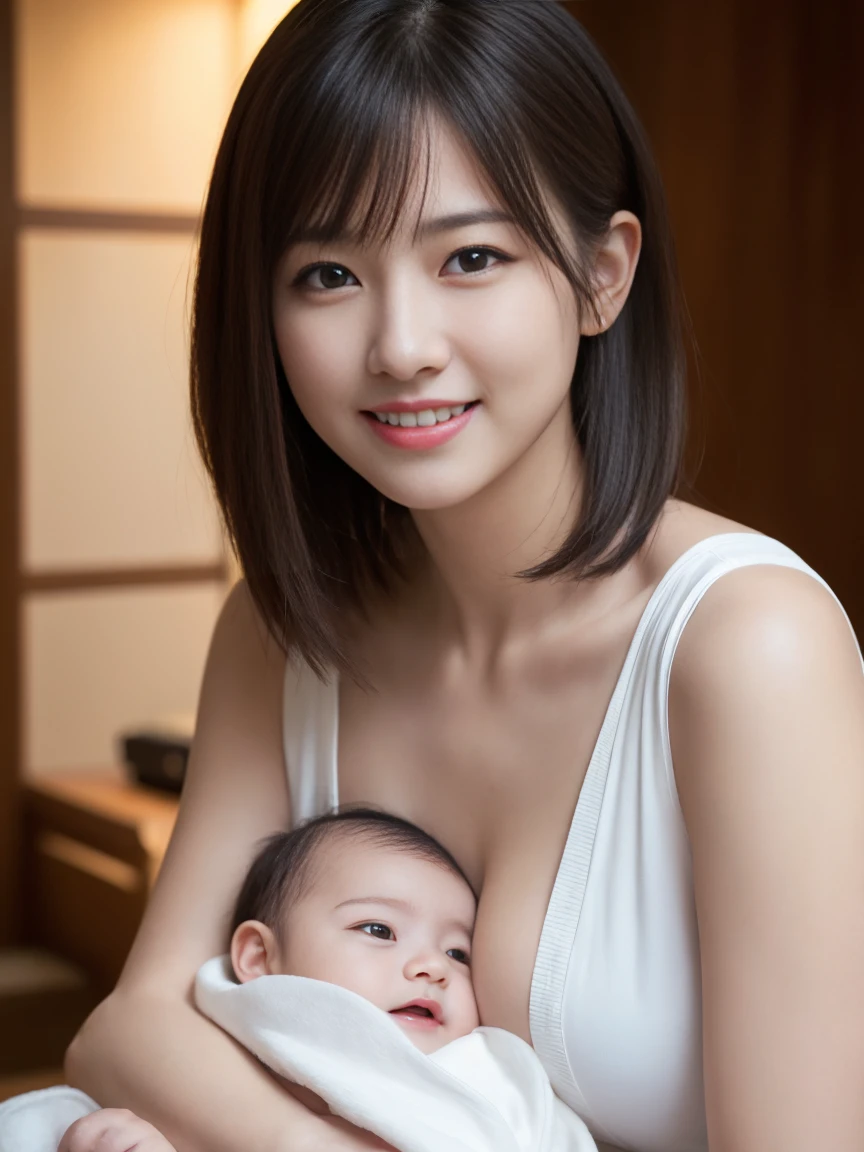 Japanese、woman、baby、Breastfeeding、short hair、(masterpiece、highest quality:1.2)、Ultra-high resolution、(Photorealistic:1.4)、Detailed skin、Cinema Lighting、smile、Breastfeeding室