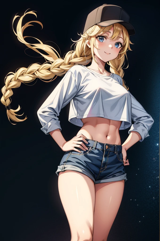 hime wearing long blonde braid that shows off her chest, jeans and top hat, 1girl, solo, hat, blonde hair, navel, crop top, shorts, twin braids, long hair, denim, braid, short shorts, shirt, denim shorts, baseball cap, breasts, smile, midriff, stomach, collarbone, black headwear, cutoffs, white shirt, long sleeves, looking at viewer, crop top overhang, cowboy shot, hand on hip