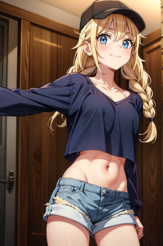 this blonde haired girl in shorts holding up her fists, and a baseball cap, 1girl, solo, blonde hair, shorts, hat, blue eyes, navel, twin braids, crop top, braid, shirt, baseball cap, short shorts, breasts, denim, midriff, denim shorts, looking at viewer, long sleeves, white shirt, long hair, black headwear, collarbone, cowboy shot, stomach, cutoffs, crop top overhang, blush, smile