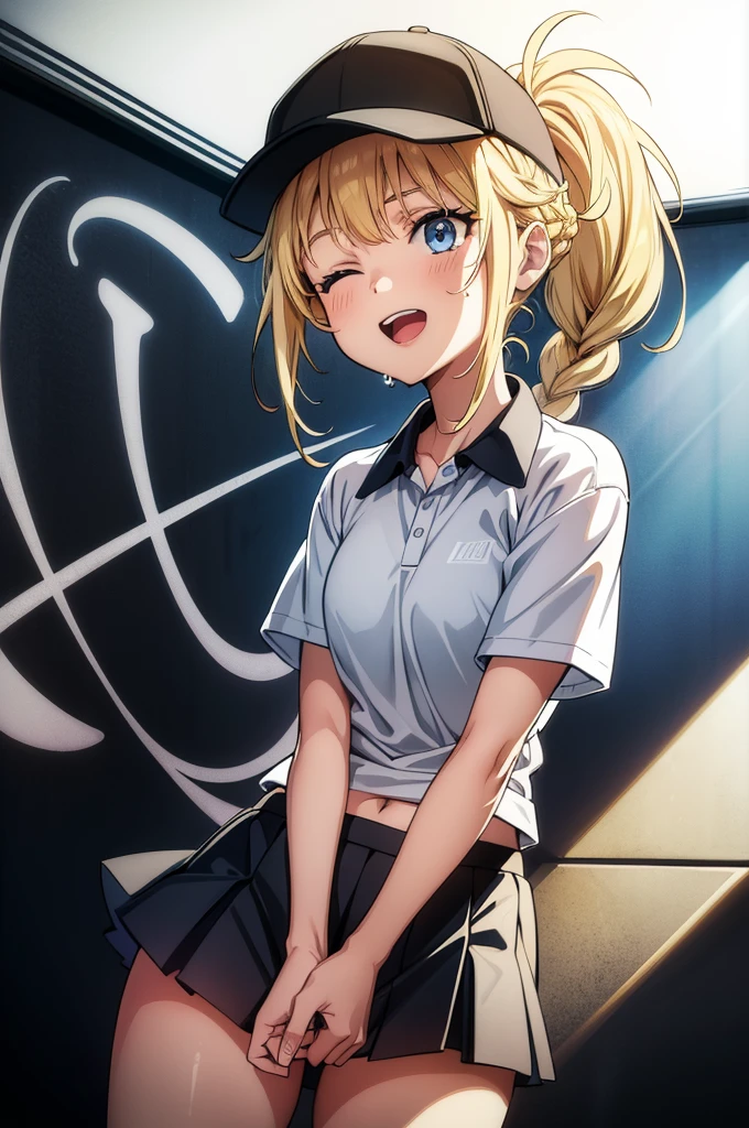 (((grayscale)))(masterpiece:1.2, best quality), (graffiti wall:1.15), super fine illustration,vibrant colors, masterpiece, sharp focus, best quality, depth of field, cinematic lighting,ultra detailed,1girl, solo, alone ,
blonde ponytail,tennis uniform, navel, miniskirt, smiling open mouth, sweat, hand on ear holding towel, one eye closed,iridescent light, sunnyday, lens flare, dutch angle, leaning forward,
tennis court,, (masterpiece:1.2),(best quality:1.2),newest, ai-generated,,Eiko Tsukimi, blue eyes, braid, twin braid,(((blonde hair))),baseball cap