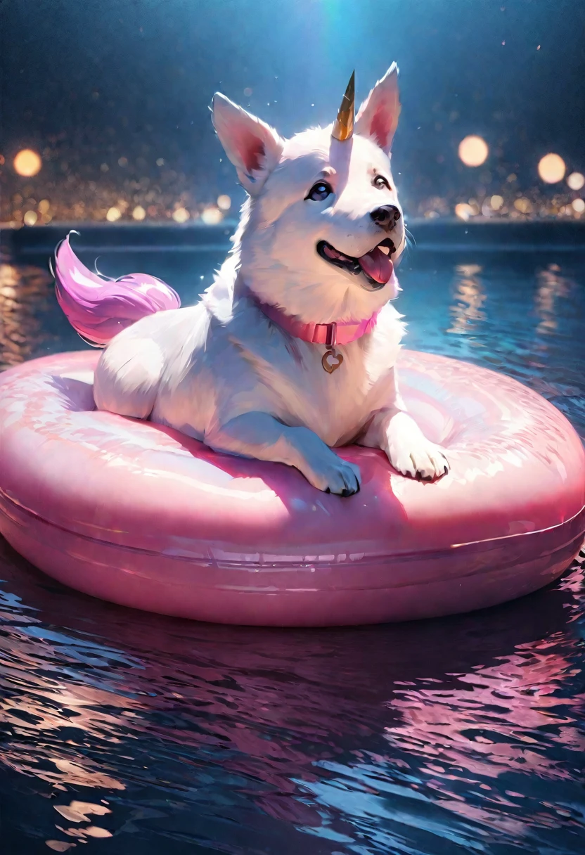 (dog on a float:1.5), 1dog, floating, unicorn, float, unicorn float, unicorn air mattress, (best quality,4k,8k,highres,masterpiece:1.2),ultra-detailed,realistic, HDR,UHD,studio lighting,extremely detailed dog, vivid colors, bokeh, dream-like, magical, ethereal lighting