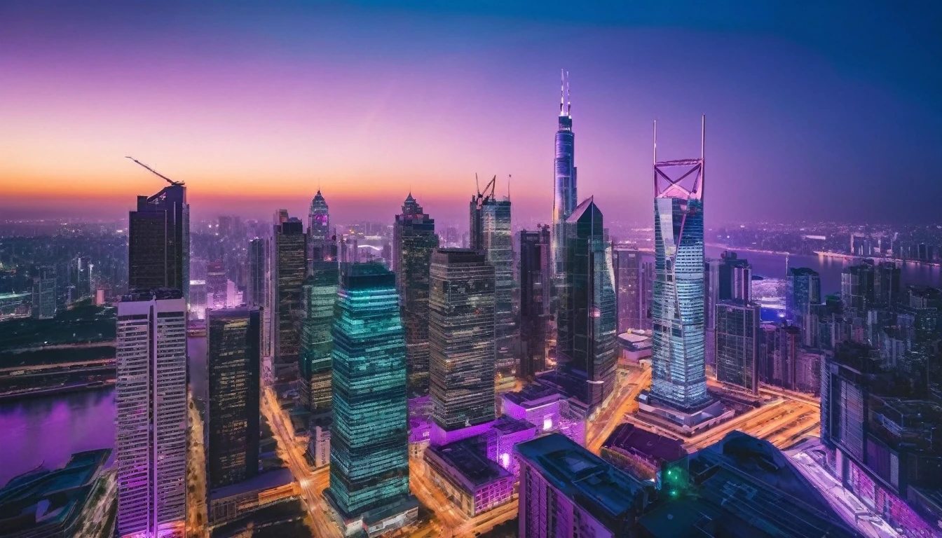 drone view of skyscrapers at night in the background the skyline is violet blue, insane details, intricate details, amazing fine detail, photorealistic, photograph, photorealism, rich colors, lifelike texture, neutral colors, Soft front light,cinematic lighting, dramatic lighting sharp focus, wide angle, film grain, dslr, raw photo, photographed on Nikon
