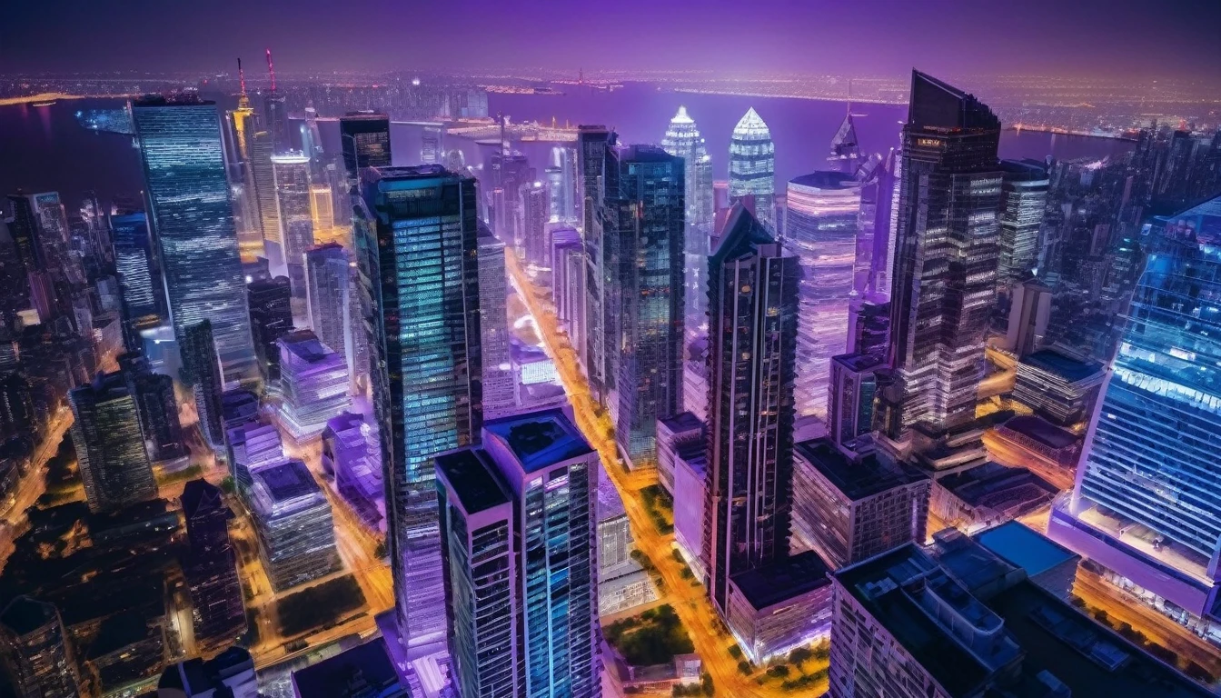 drone view of skyscrapers at night in the background the skyline is violet blue, insane details, intricate details, amazing fine detail, photorealistic, photograph, photorealism, rich colors, lifelike texture, neutral colors, Soft front light,cinematic lighting, dramatic lighting sharp focus, wide angle, film grain, dslr, raw photo, photographed on Nikon