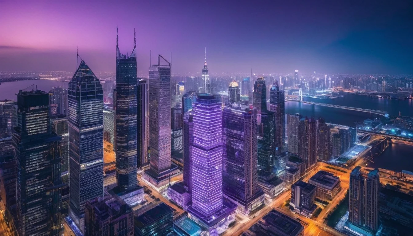 drone view of skyscrapers at night in the background the skyline is violet blue, insane details, intricate details, amazing fine detail, photorealistic, photograph, photorealism, rich colors, lifelike texture, neutral colors, Soft front light,cinematic lighting, dramatic lighting sharp focus, wide angle, film grain, dslr, raw photo, photographed on Nikon