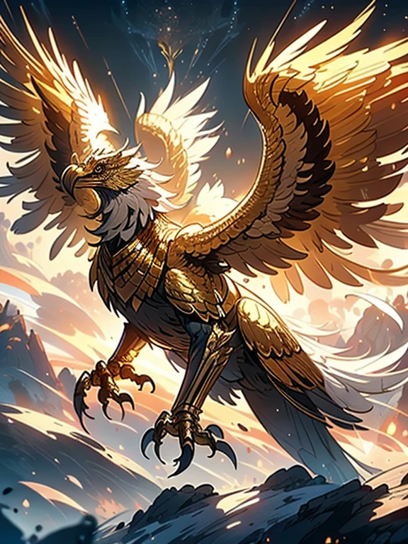 (masterpiece) a close up of a bird with wings spread out on a mountain, gryphon, transparent ((glowing golden colour feather)),artwork of a phoenix, mythical creature, fantasy mountain cliff, (intricate details),(ultra-hd),((High quality))flying mythical beasts, griffin-like style, fantasy creature, phoenix rising from the ashes, with fiery golden wings, no human