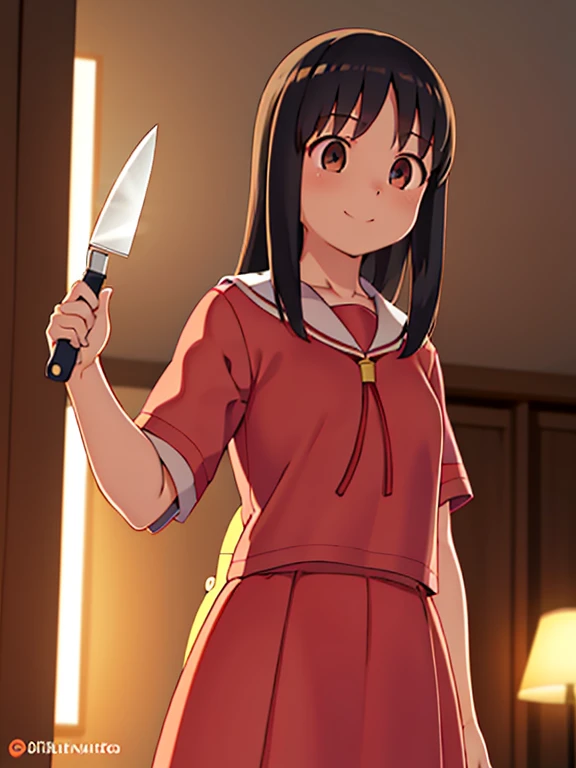 knife wielding,(Obra maestra, mejor calidad:1.2),illustration,8k,High Definition,1 chica,solo,tiro de vaquero, (((Obra maestra))),(((mejor calidad))),(((extremadamente detallado))), illustration, 1 chica, Azumanga Daioh, kasuga ayumu, Azumanga Daioh's , cuello marinero, , serafuku, sonrisa, Serafuku rosa, boca abierta solo, vivid color, Brillante, (By the chestnut),(Brown eyes), cuerpo completo, descalzo, volumetric lighting, ojos multicolores, ojos detallados, hiper detallado, light sonrisa, Muy detallado, hermoso, small details, ultra detallado, mejor calidad, intrincado, 4k, 8k, tendencia en artstation, buena anatomia, hermoso lighting, premiado, small breasts, al aire libre, point at viewer