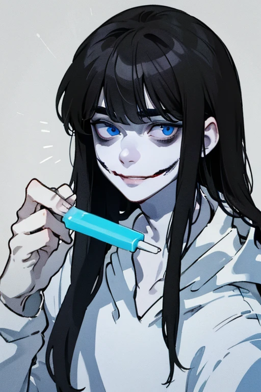 jeff, black long hair, slit smile, blue eyes, white hoodie, pale white skin, holding icepop, handsome, creepy
