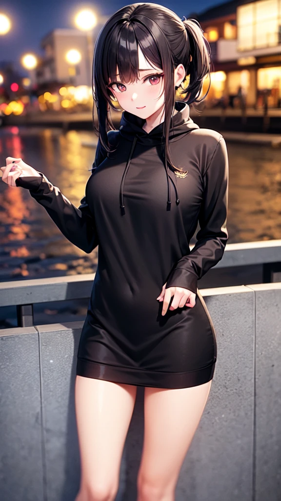1girl, female_solo, mature black woman, long brunette ponytail, ,medium_breasts, brown_eyes, slim_figure, lipstick, av idol, Drawstring Hoodie Ruched Dress, Casual Long Sleeve Dress, pier at night, hands on rail, Enhance, leaning_forward