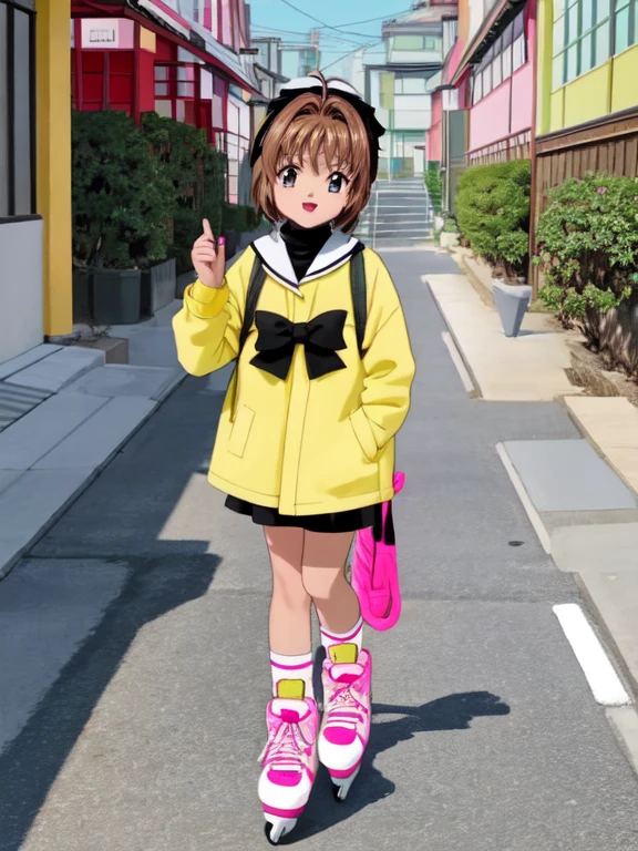 "obra maestra, alta calidad, sakura kinomoto, sunny day, happy expression, ojos verdes, Black Classic Black , (Ojos verdes perfectos) Camera eye focus, skating with her pink skates on the street in Japan , (ojos y cara perfectos)