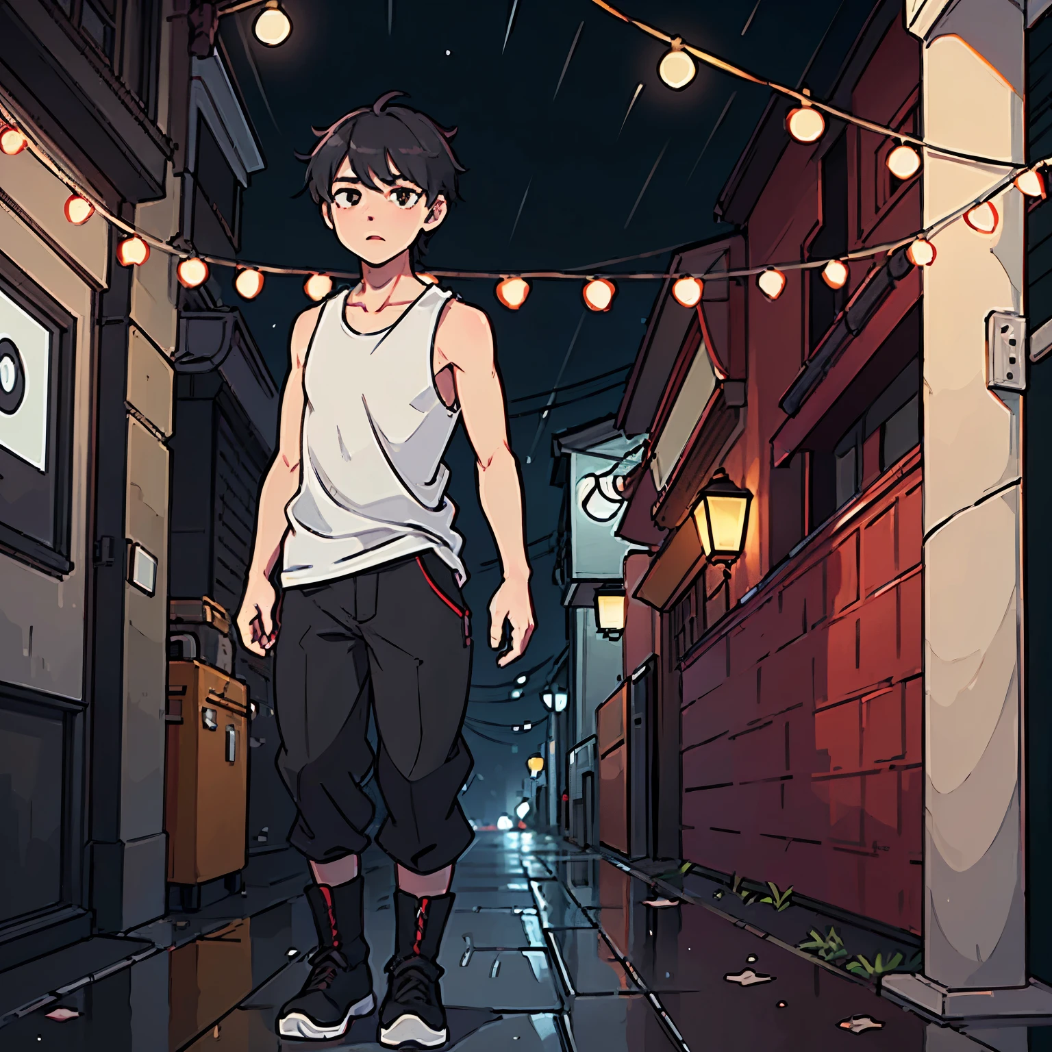 (best quality,highres),Under the streetlight in the center、Young man walking on a rainy day。He has gray hair.、It is characterized by red white eyes.。His skin is fair and、The undershirt is red、A black sleeveless vest is layered over it。He was wearing auburn trousers and a black belt.、Wearing black boots and black arm covers。He had rain-soaked hair and clothes、Standing there quietly and upright