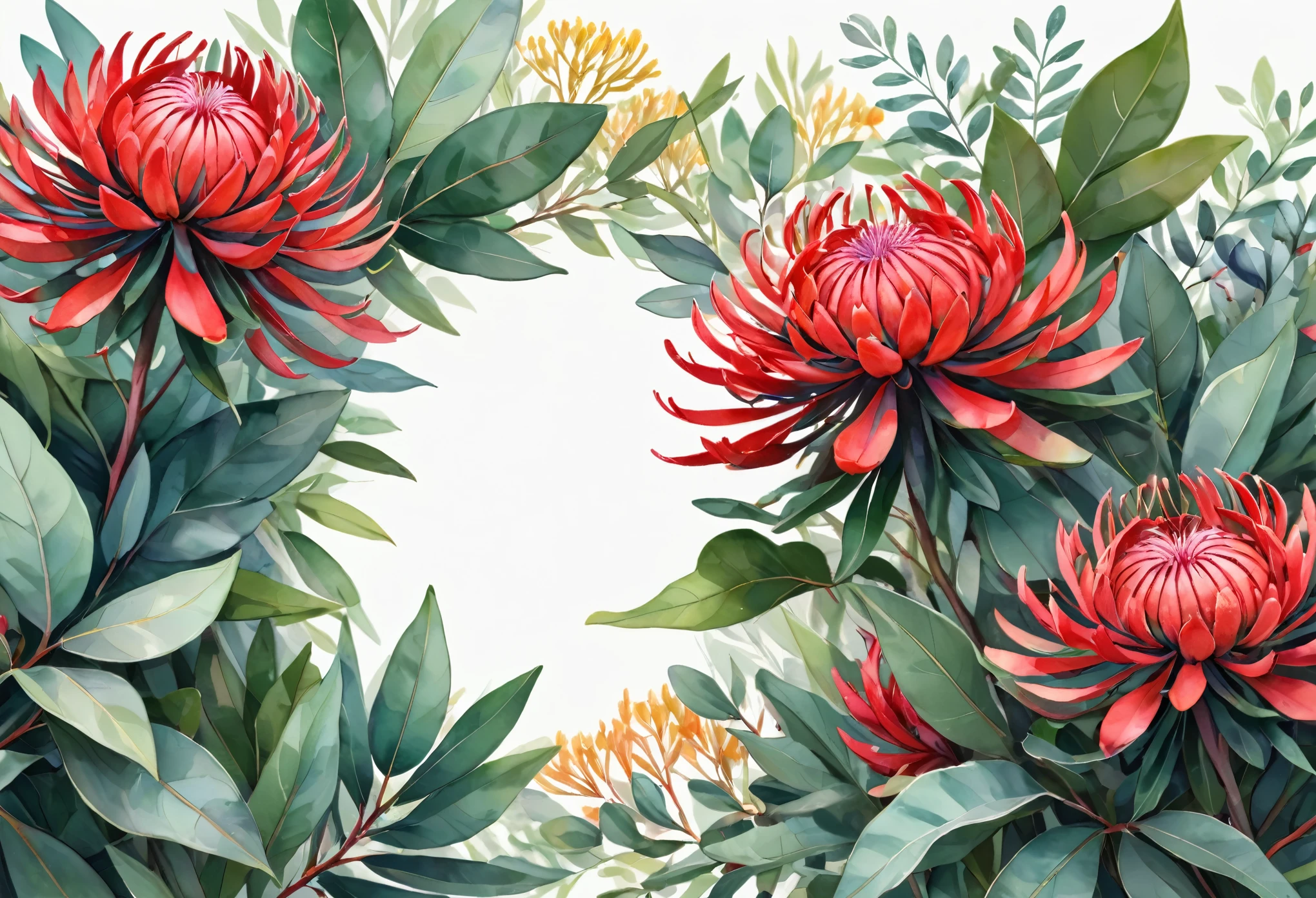 delicate and colorful blooms of the Waratah flower frame, set against a backdrop of lush greenery and eucalyptus leaves. on a White background, illustration design, flat design, Styles watercolor and ink splashes, detailed strokes, vibrant shades bright color palette, watercolor splashes, flat design, ethereal,4k