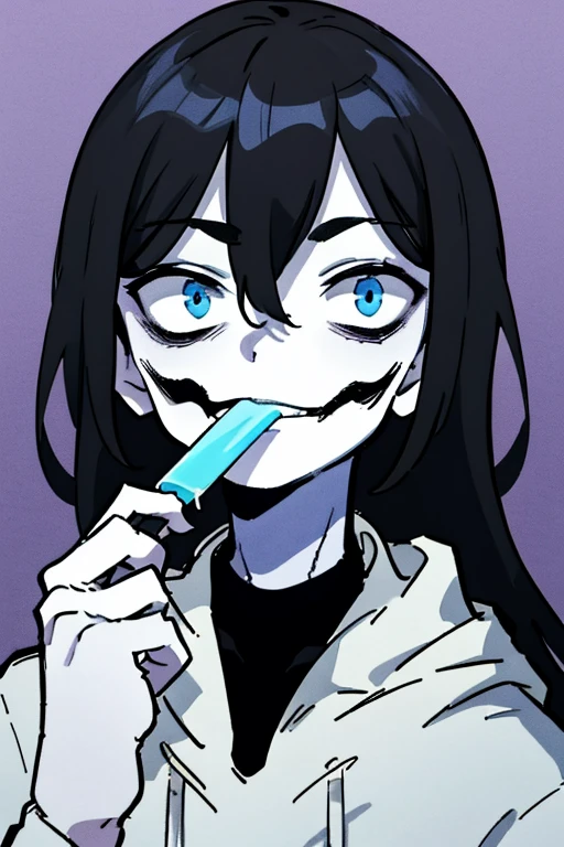 jeff, black long hair, slit smile, blue eyes, white hoodie, pale white skin, holding icepop, handsome, creepy
