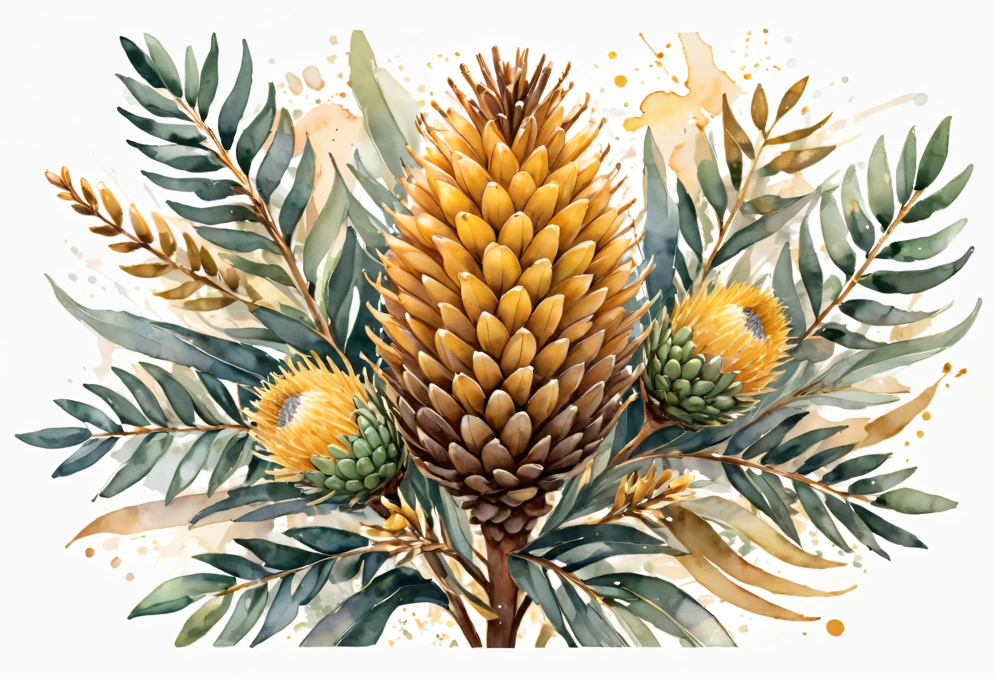 frame of the unique beauty of the Banksia flower, with its intricate cone-shaped spikes and golden hues, on a White background, illustration design, flat design, Styles watercolor and ink splashes, detailed strokes, vibrant shades soft color palette, watercolor splashes, flat design, ethereal,4k